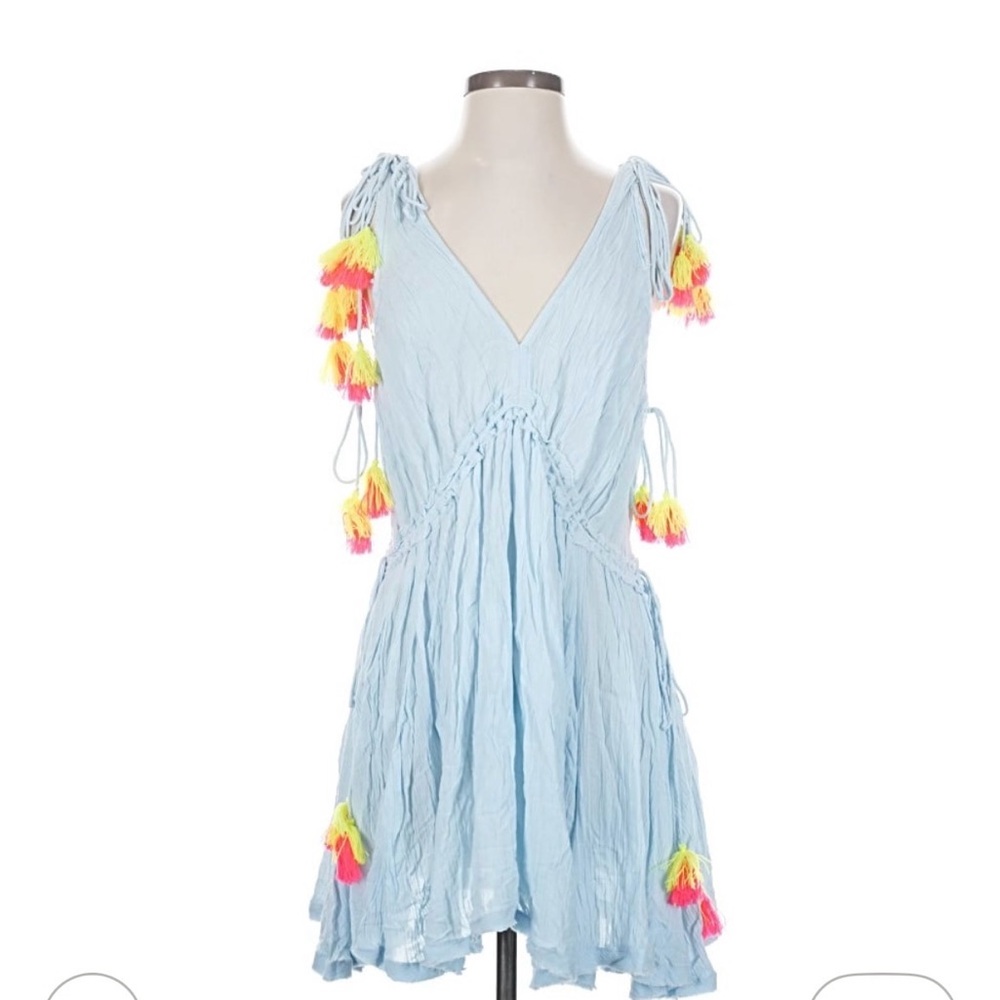 NEW Anthropologie Sundress Mini Light Blue Swim Cover with Neon Tassels‎ Size XS